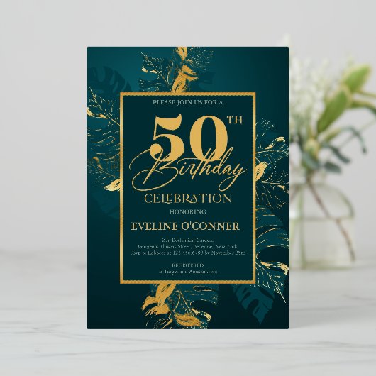 エメラルドグリーンと実在金ゴールドフォイル50歳の誕生日 箔招待状 (立ち正面)