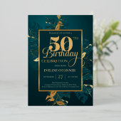 エメラルドグリーンと実在金ゴールドフォイル50th誕生日フォイ 箔招待状 (立ち正面)