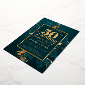 エメラルドグリーンと実在金ゴールドフォイル50th誕生日フォイ 箔招待状 (回転した状態)
