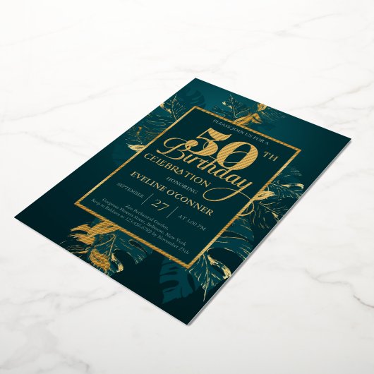 エメラルドグリーンと実在金ゴールドフォイル50th誕生日フォイ 箔招待状 (回転した状態)