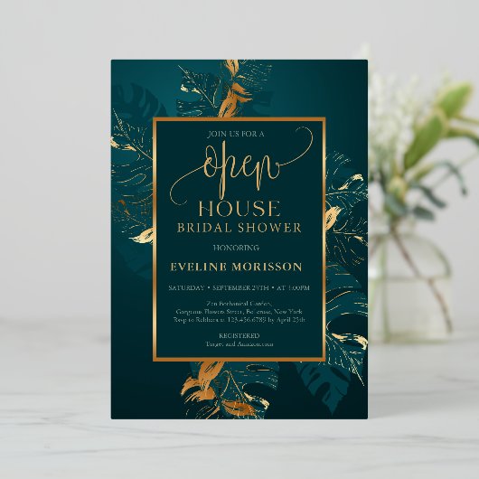 エメラルドグリーンと実在金ゴールドホイルオープンハウス 箔招待状 (立ち正面)