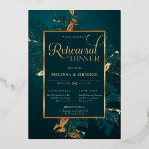 エメラルドグリーンと実在金ゴールドホイルリハーサルディナー 箔招待状