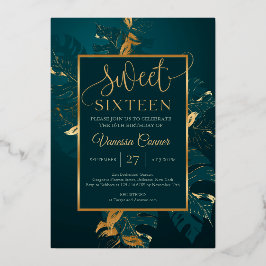 エメラルドグリーンと実在金ゴールドホイルsweet sixteen 箔招待状