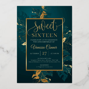 エメラルドグリーンと実在金ゴールドホイルsweet sixteen 箔招待状