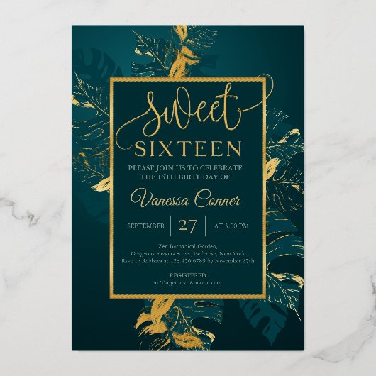 エメラルドグリーンと実在金ゴールドホイルsweet sixteen 箔招待状 (正面)