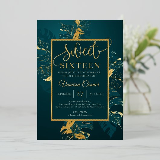 エメラルドグリーンと実在金ゴールドホイルsweet sixteen 箔招待状 (立ち正面)