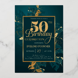 エメラルドグリーンと本物の金箔50歳の誕生日フォイル 箔招待状