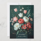 エメラルドグリーンと赤いチューリップの植物学的なウェディング 招待状 (裏面)