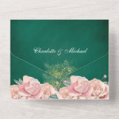 エメラルドグリーンと赤面ピンク結婚フローラ オールインワン招待状 (裏面)