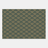 エメラルドグリーンと金ゴールドアールデコファンフラワーモチーフ ラッピングペーパーシート (正面2)