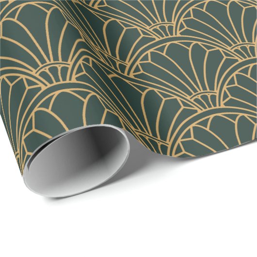 エメラルドグリーンと金ゴールドアールデコファンフラワーモチーフ ラッピングペーパー (ロールコーナー)