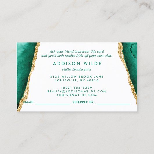 エメラルドグリーンと金ゴールドエレガントの水彩 紹介カード (裏面)
