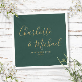 エメラルドグリーンと金ゴールドエレガントシグネチャー結婚ズ スタンダードカクテルナプキン