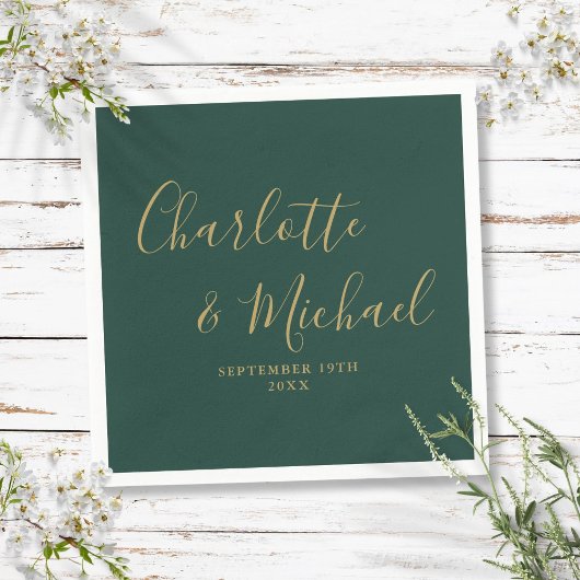 エメラルドグリーンと金ゴールドエレガントシグネチャー結婚ズ スタンダードカクテルナプキン