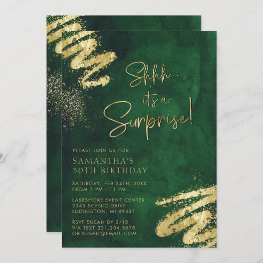 エメラルドグリーンと金ゴールドサプライズ誕生日パーティー 招待状 (正面/裏面)