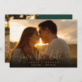 エメラルドグリーンと金ゴールドハートスクリプト結婚写真 セーブザデート (正面/裏面)