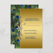 エメラルドグリーンと金ゴールドピーコックウェディングRSVP 出欠カード (正面/裏面)