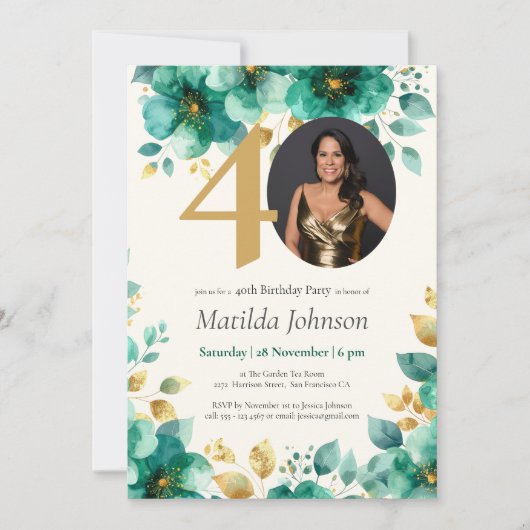エメラルドグリーンと金ゴールドフローラ40歳の誕生日 招待状 (正面)