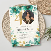 エメラルドグリーンと金ゴールドフローラ40歳の誕生日 招待状
