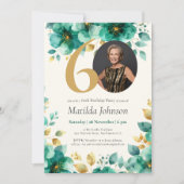 エメラルドグリーンと金ゴールドフローラ60誕生日 招待状 (正面)