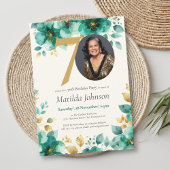 エメラルドグリーンと金ゴールドフローラ70誕生日 招待状