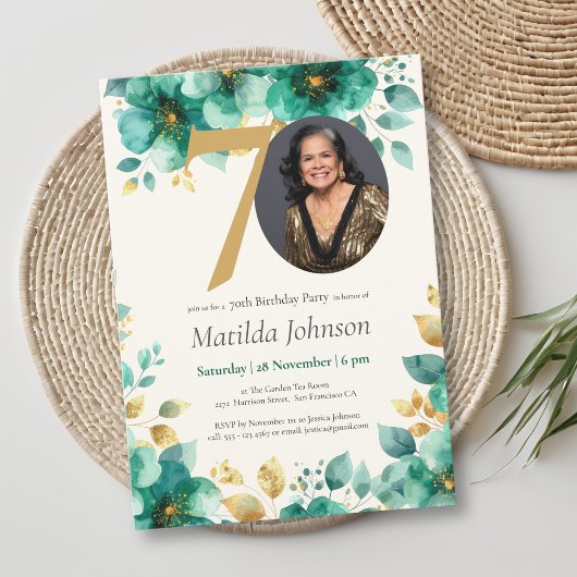 エメラルドグリーンと金ゴールドフローラ70誕生日 招待状