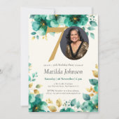 エメラルドグリーンと金ゴールドフローラ70誕生日 招待状 (正面)