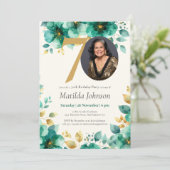 エメラルドグリーンと金ゴールドフローラ70誕生日 招待状 (スタンド正面)