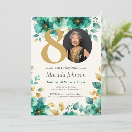 エメラルドグリーンと金ゴールドフローラ80誕生日 招待状 (スタンド正面)