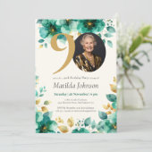 エメラルドグリーンと金ゴールドフローラ90誕生日 招待状 (スタンド正面)