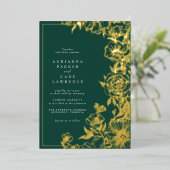 エメラルドグリーンと金ゴールドフローラ |庭園の結婚式 箔招待状 (立ち正面)
