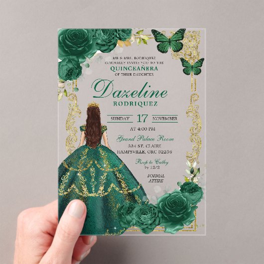 エメラルドグリーンと金ゴールドプリンセサキンセアニラ アクリル招待状 (インサイチュ (ポータブル))
