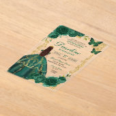 エメラルドグリーンと金ゴールドプリンセサキンセアニラ アクリル招待状 (レイダウン)