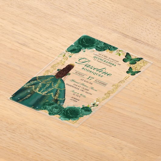 エメラルドグリーンと金ゴールドプリンセサキンセアニラ アクリル招待状 (レイダウン)
