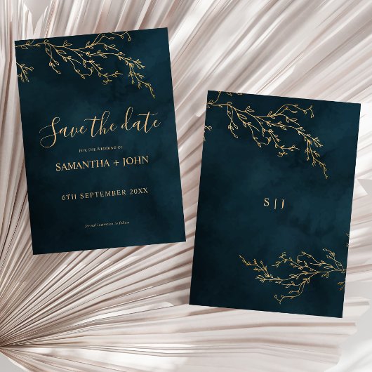 エメラルドグリーンと金ゴールドボタニカルエレガントな結婚式 セーブザデート