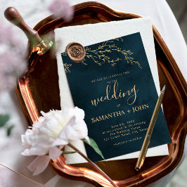 エメラルドグリーンと金ゴールドボタニカルエレガントな結婚式 招待状