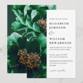 エメラルドグリーンと金ゴールドモダンフローラ結婚写真 招待状 (正面/裏面)