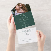 エメラルドグリーンと金ゴールドモノグラム結婚フォト オールインワン招待状 (貼ってはがせる)