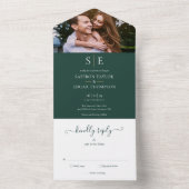 エメラルドグリーンと金ゴールドモノグラム結婚フォト オールインワン招待状 (内側)