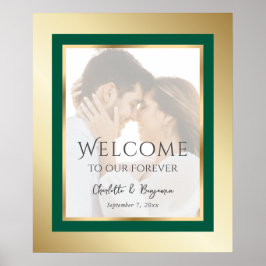 エメラルドグリーンと金ゴールド写真結婚のウェルカムサイン ポスター