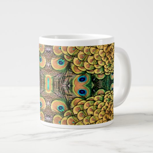 エメラルドグリーンと金ゴールド孔雀の羽根 ジャンボコーヒーマグカップ (正面右)