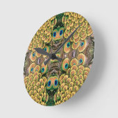 エメラルドグリーンと金ゴールド孔雀の羽根 ラウンド壁時計 (傾斜)