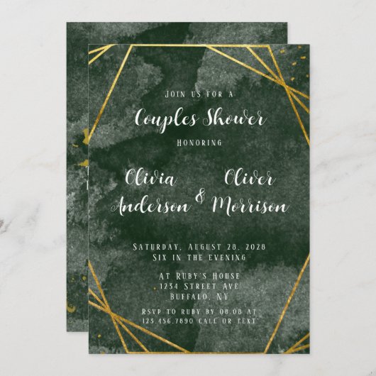 エメラルドグリーンと金ゴールド幾何学的カップルのシャワー 招待状 (正面/裏面)