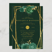 エメラルドグリーンと金ゴールド幾何学的フローラ結婚ズ 招待状 (正面/裏面)