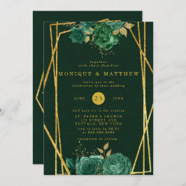 エメラルドグリーンと金ゴールド幾何学的フローラ結婚ズ 招待状