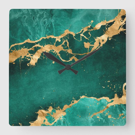 エメラルドグリーンと金ゴールド抽象芸術 スクエア壁時計 (正面)