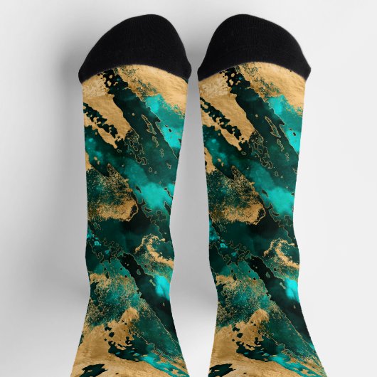 エメラルドグリーンと金ゴールド抽象芸術 ソックス (上部)
