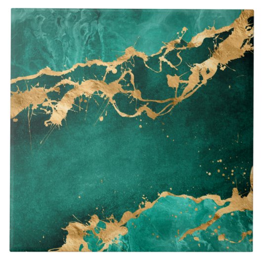 エメラルドグリーンと金ゴールド抽象芸術 タイル (正面)