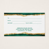 エメラルドグリーンと金ゴールド水彩ギフトカード (裏面)