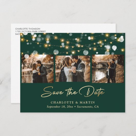 エメラルドグリーンと金ゴールド結婚の写真デートを保存 案内ポストカード (正面/裏面)